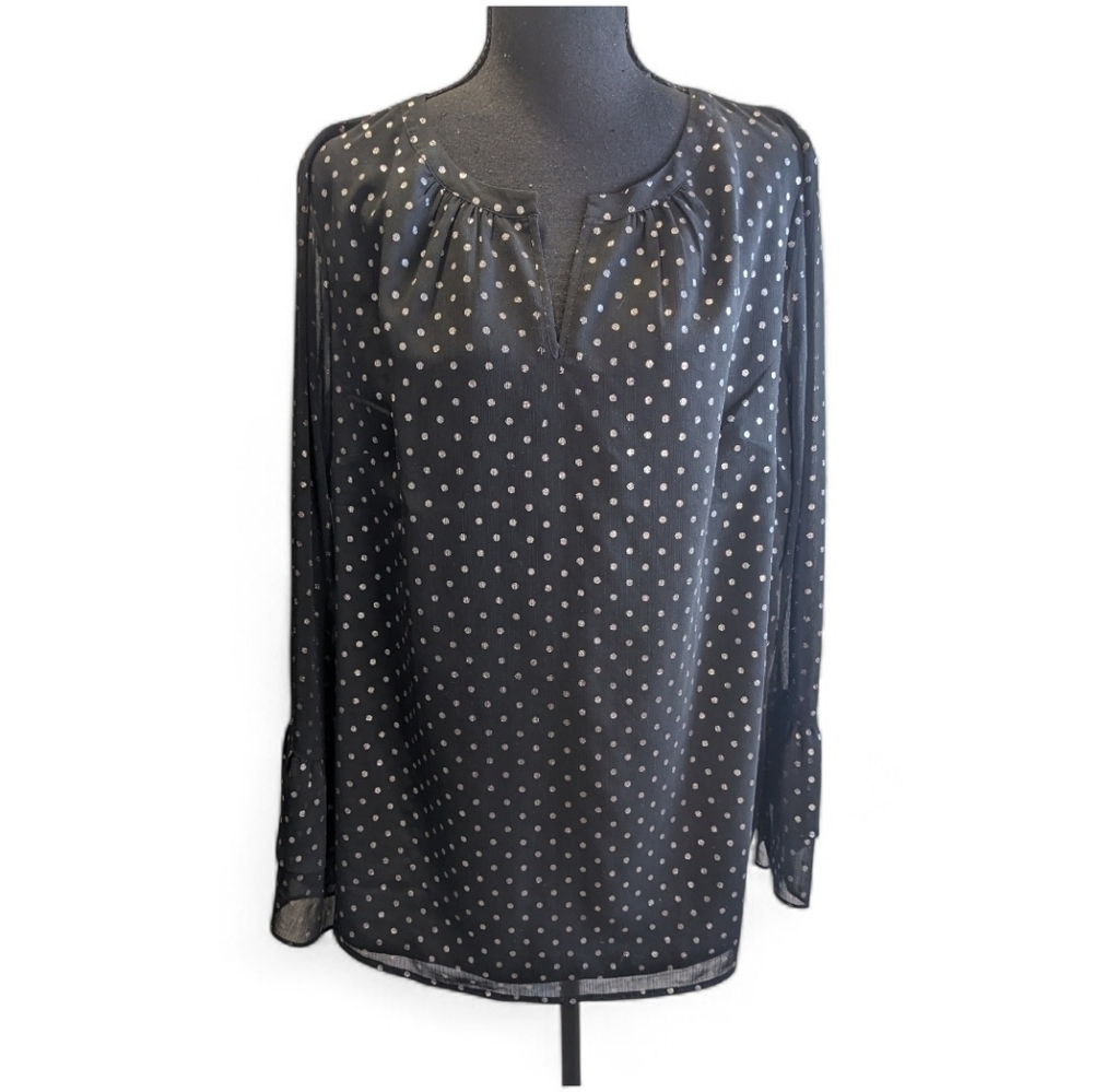 Talbots Black & Silver Polka Dot Blouse Lined Sleeves Are Sheer. Size XL Flaw